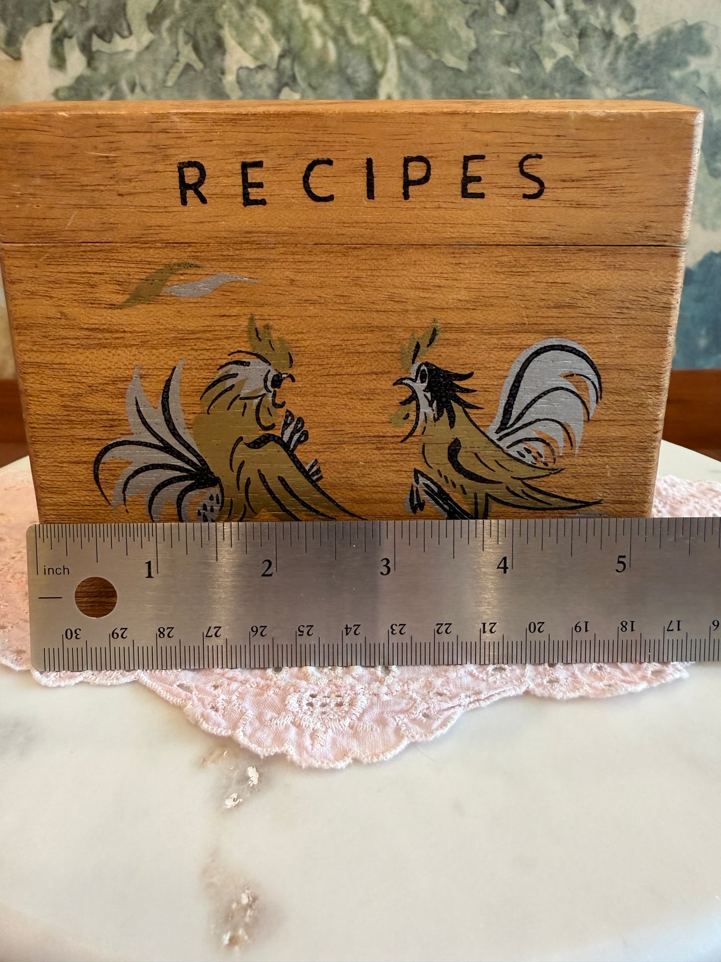 Vintage Wooden Recipe Box with Hand-Painted Roosters | Made in Japan | 1960s