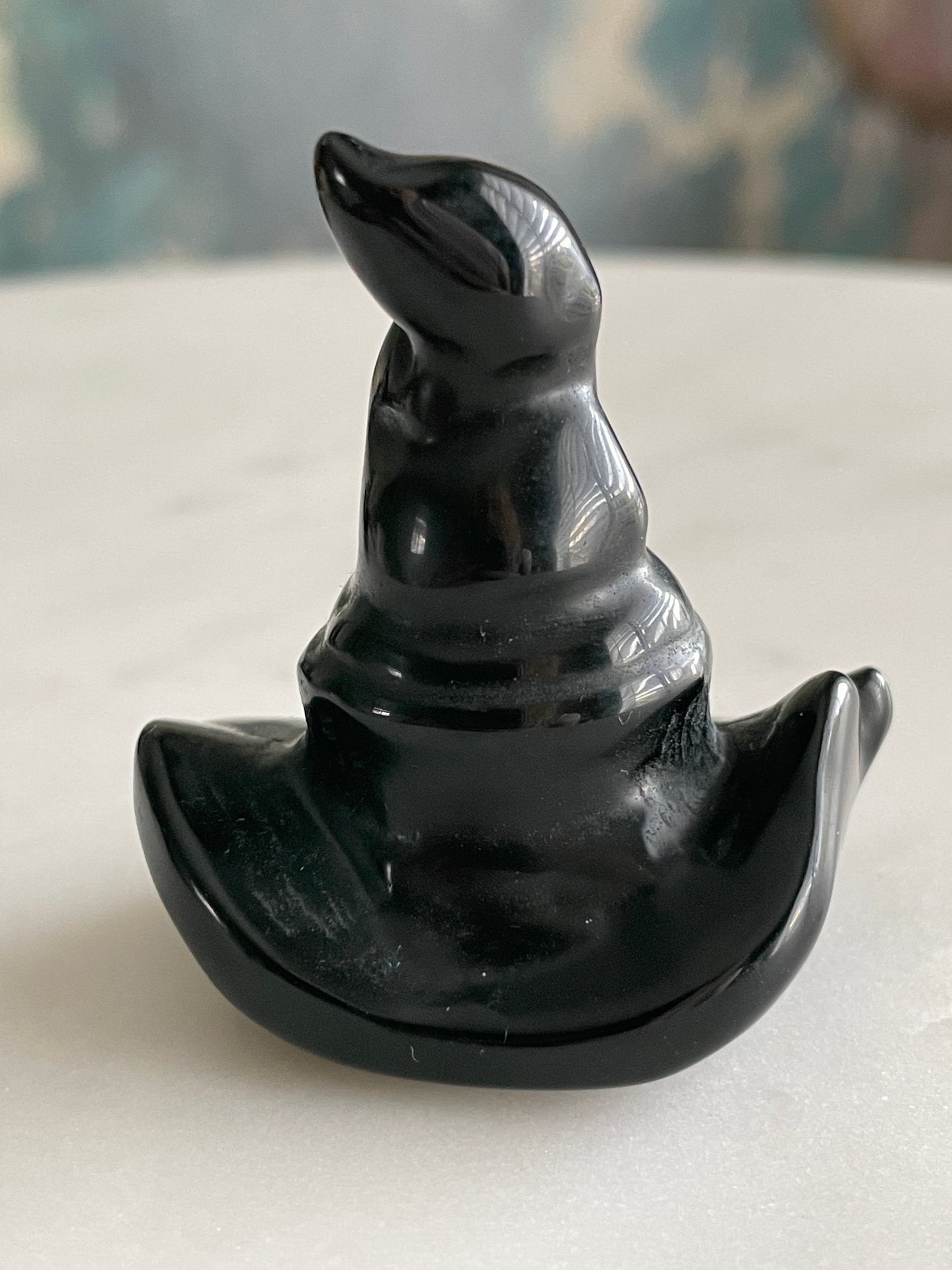 Black obsidian witch hat crystal carving black witches hat polished natural Halloween decor spooky gift wizard carving obsidian crystal display