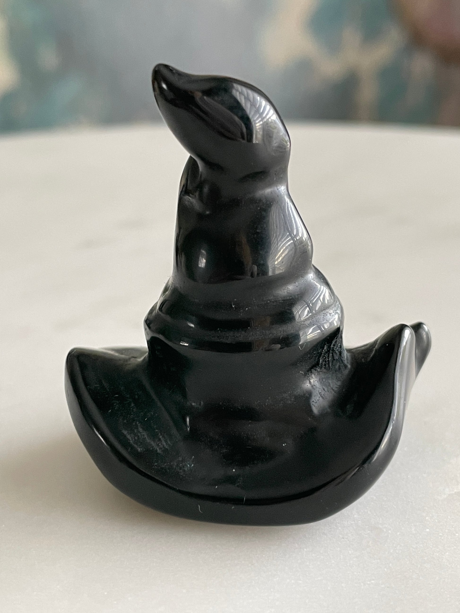 Black obsidian witch hat crystal carving black witches hat polished natural Halloween decor spooky gift wizard carving obsidian crystal display