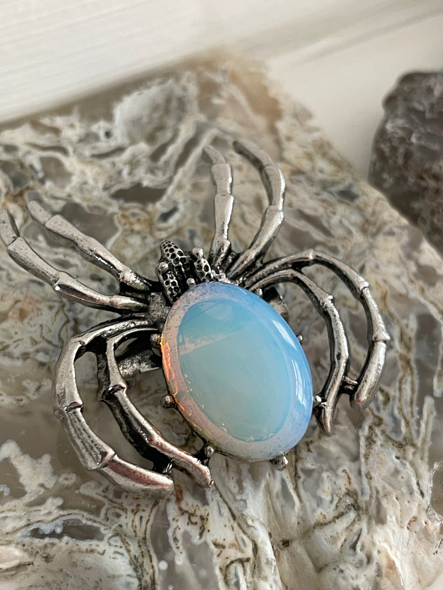 Opalite Spider | Silver Tone Pendant Brooch