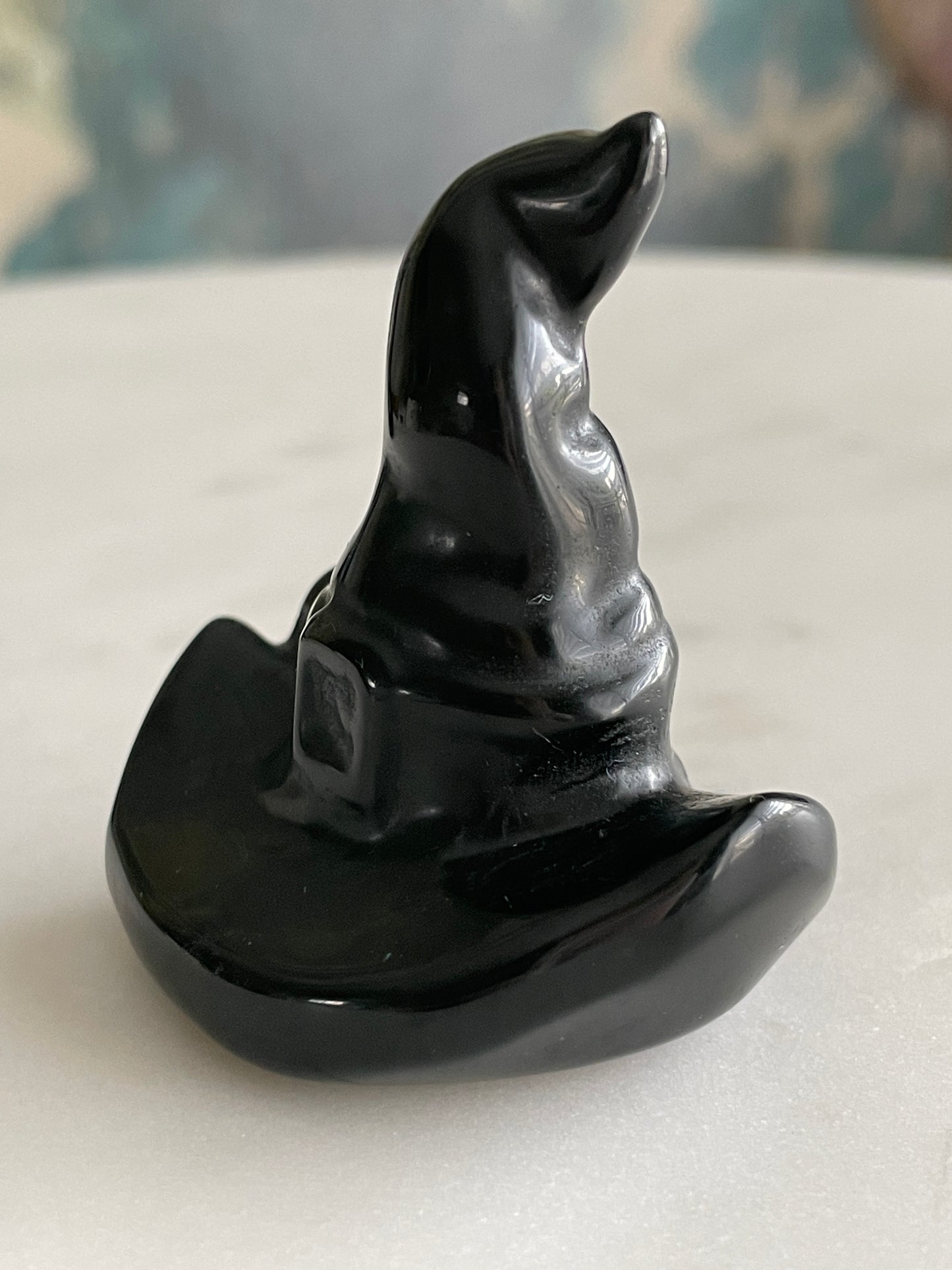 Black obsidian witch hat crystal carving black witches hat polished natural Halloween decor spooky gift wizard carving obsidian crystal display