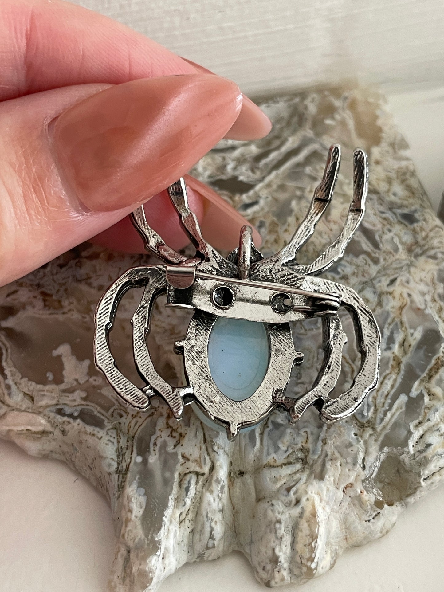 Opalite Spider | Silver Tone Pendant Brooch