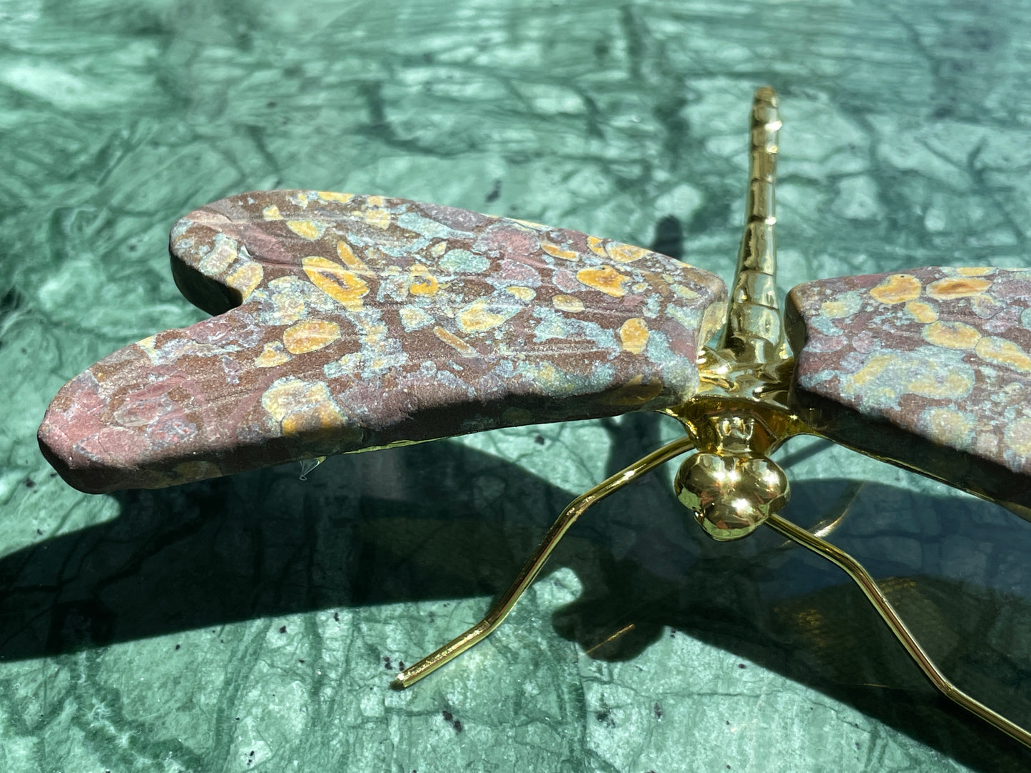 Natural Stone Dragonfly Rainforest Jasper Crystal Carving Metaphysical Collection Display Spirit Guide Mineral Specimen Purple Gold Pattern Sacred Space Enhancement Spiritual Focus Object Beautiful Transformation Symbol Crystal Energy