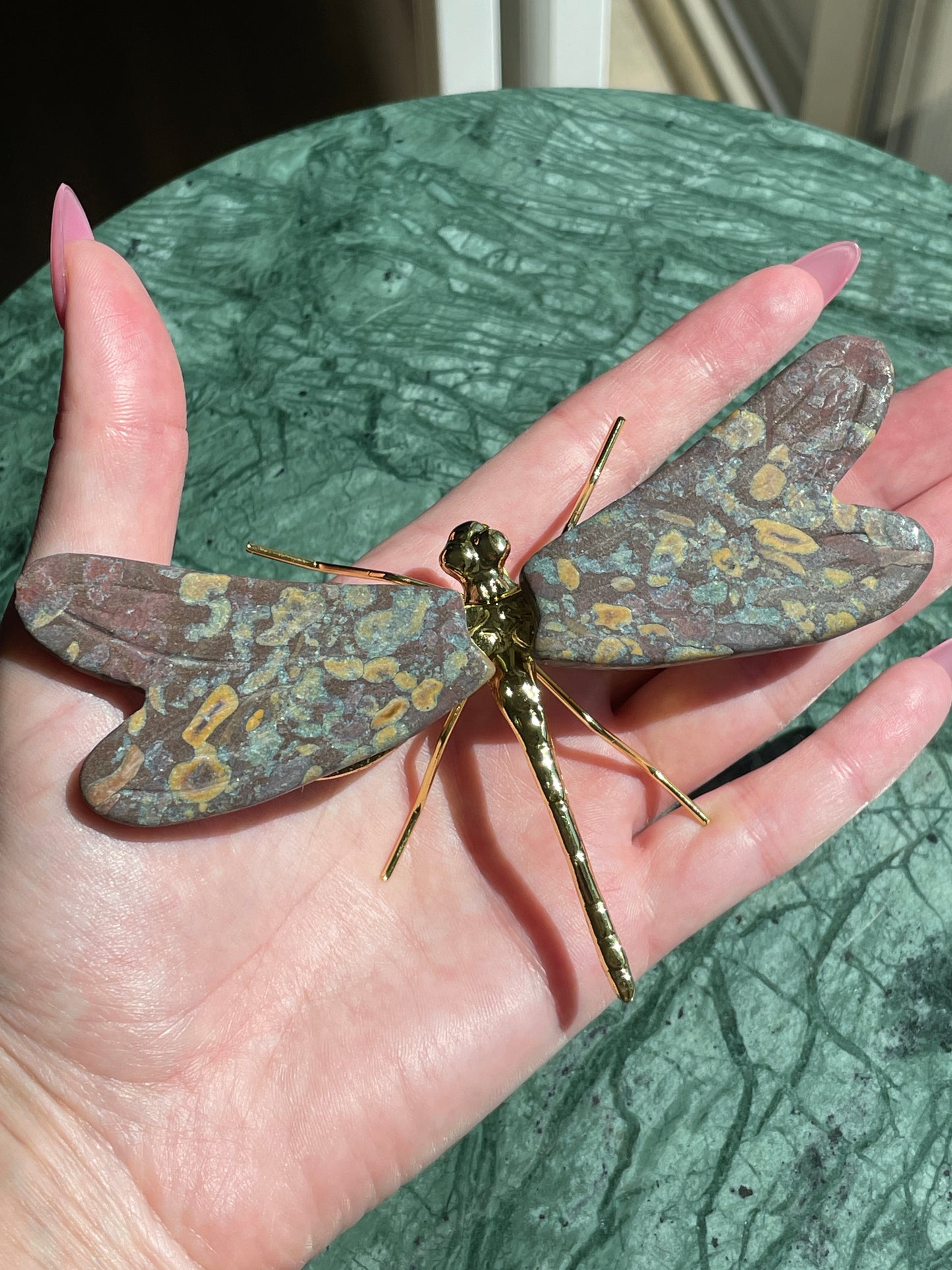 Rainforest Jasper Dragonfly Crystal Carving Natural Stone Display Piece Shimmery Multicolor Speckled Wings Gold Details Metal Accented Design Spiritual Transformation Symbol Manifestation Focus Crystal Statement Collection Showcase Beautiful