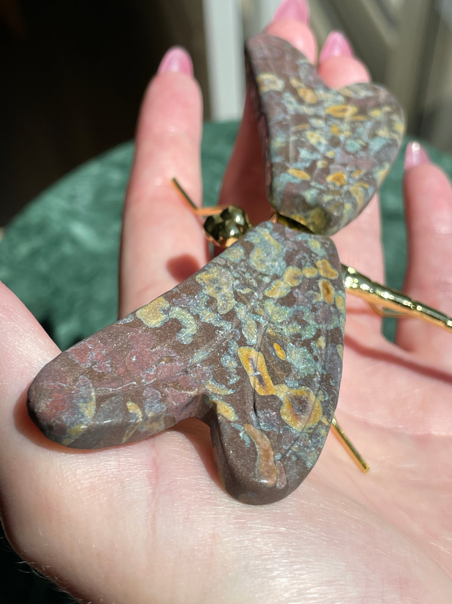 Rainforest Jasper Dragonfly Crystal Carving Natural Stone Display Piece Shimmery Multicolor Speckled Wings Gold Metal Accented Design Spiritual Transformation Symbol Manifestation Focus Crystal Statement Collection Showcase Beautiful Wings