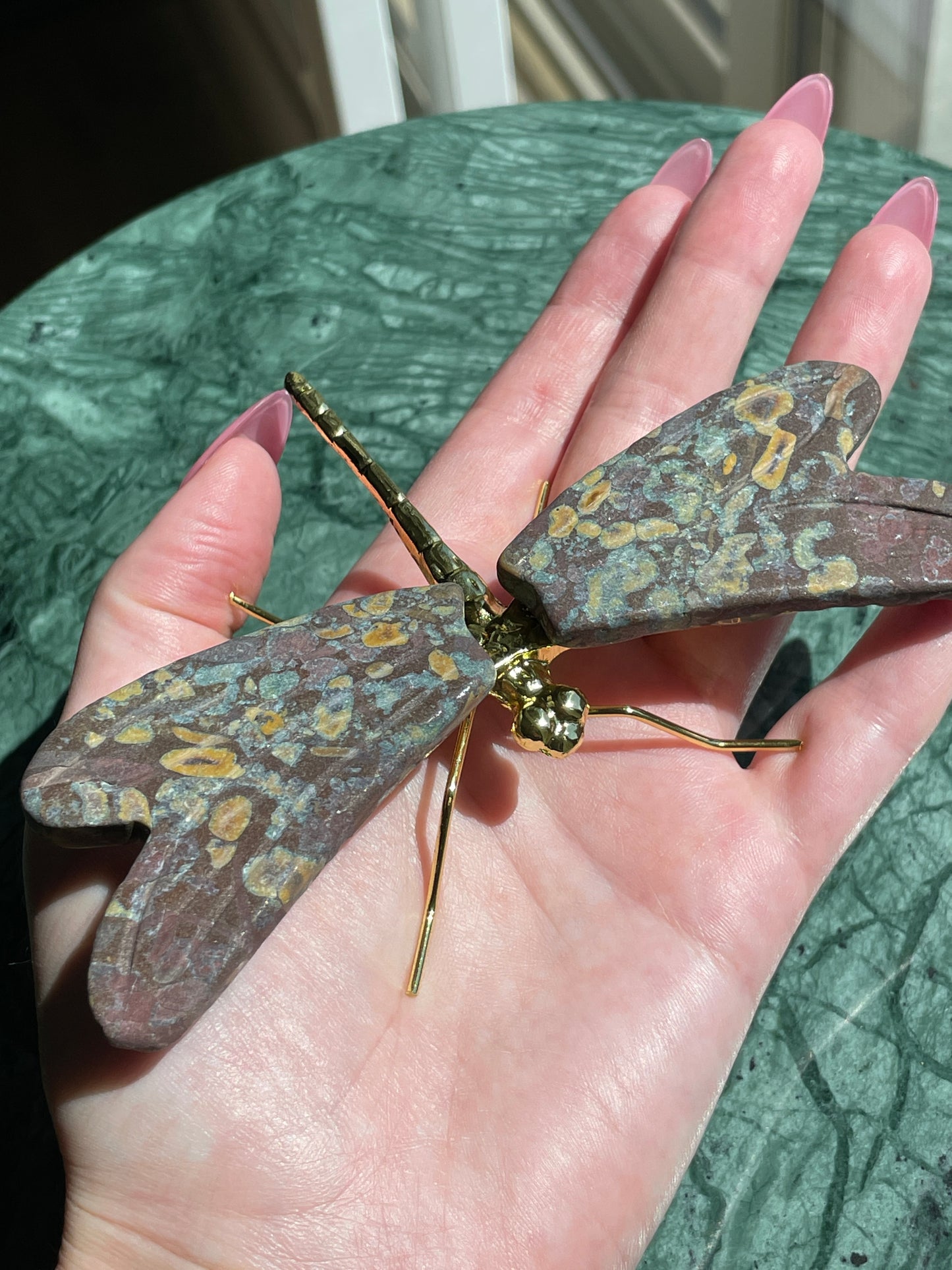 Rainforest Jasper Dragonfly Crystal Carving Natural Stone 5 inch Display Piece Shimmery Multicolor Speckled Wings Gold Metal Accented Design Spiritual Transformation Symbol Manifestation Focus Crystal Statement Collection Showcase Beautiful Wings