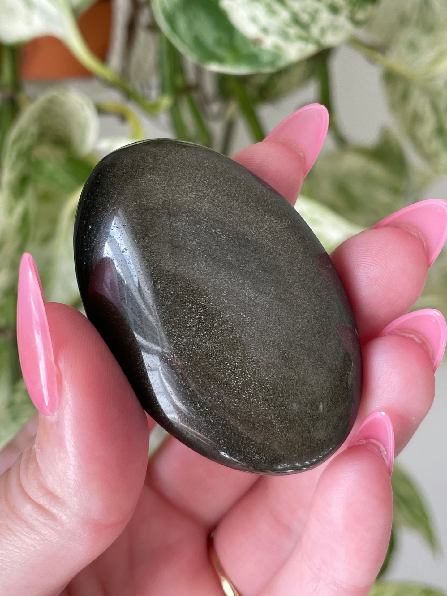 Meditation Palm Stone Gold Sheen Obsidian Natural Crystal Energy Work Tool Spiritual Practice Aid Personal Transformation Guide Sacred Space Essential Smooth Polished Surface Perfect Size Daily Ritual Companion Manifestation Support Crystal
