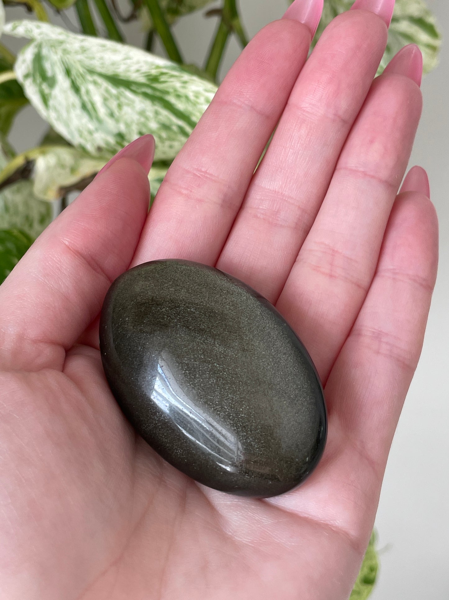Crystal Healing Stone Gold Sheen Obsidian Palm Stone Natural Volcanic Glass Smooth Surface Perfect Size Meditation Practice Aid Grounding Energy Work Solar Plexus Chakra Release Negativity Sacred Space Guide Daily Ritual Support Personal