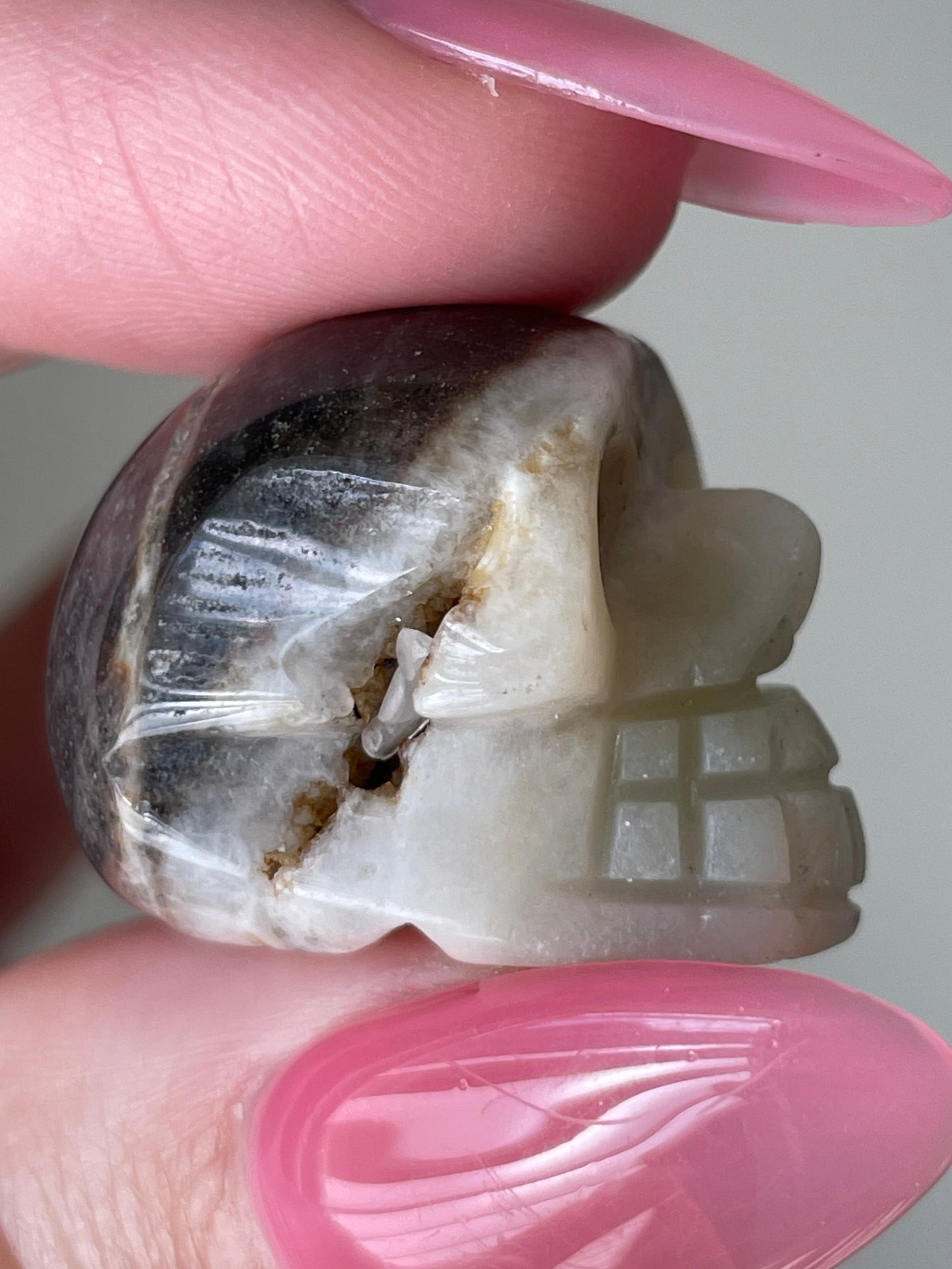 White and brown druzy calcite skull carving, mini crystal for energy work.