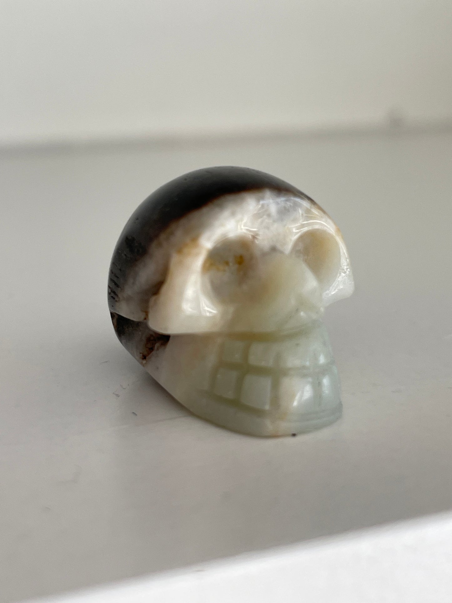 Crystal healing skull, druzy calcite carving in white and brown hues.