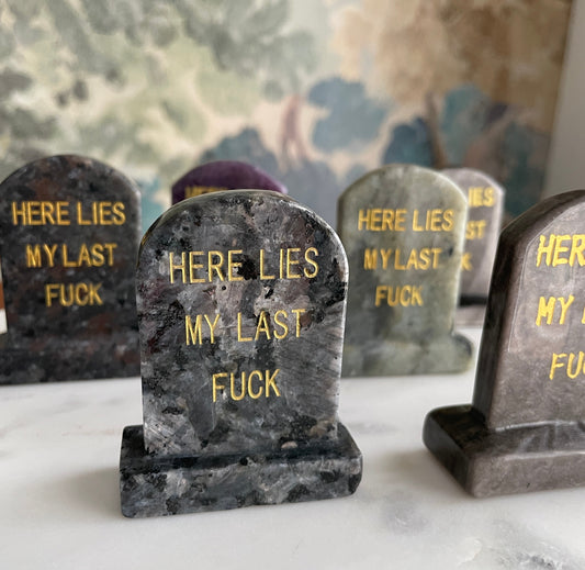 gravestone carving natural crystal carving funny halloween crystal here lies my last fuck headstone carving crystal tombstone 2.7 inch natural halloween decor