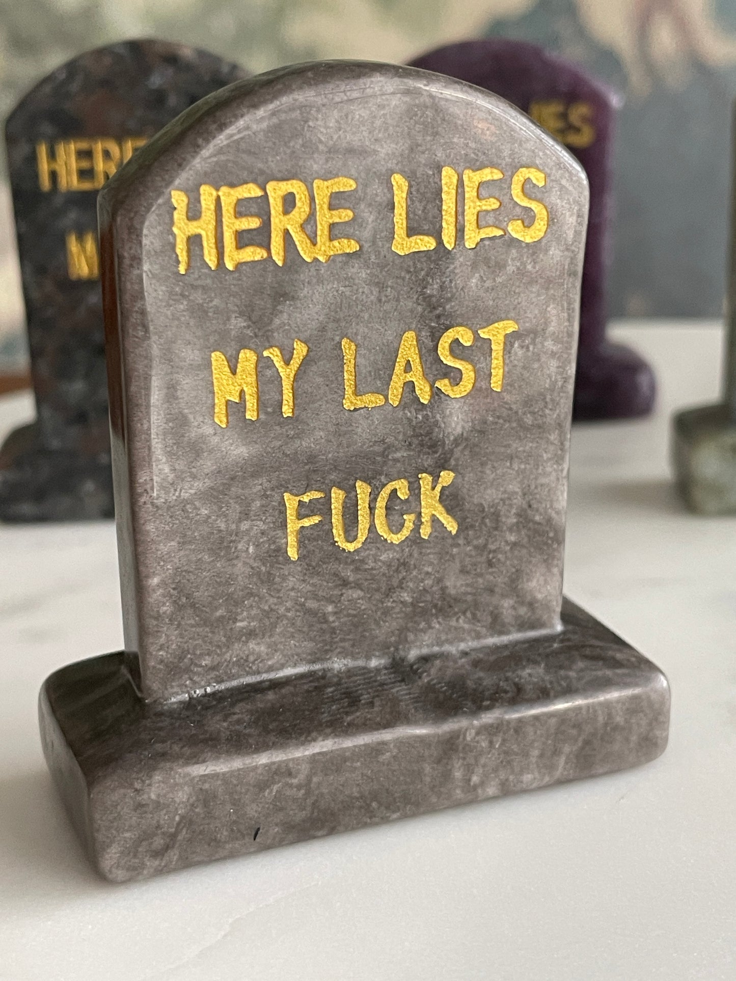 gravestone carving natural silver sheen obsidian crystal carving funny halloween crystal here lies my last fuck headstone carving crystal tombstone 2.7 inch natural halloween decor