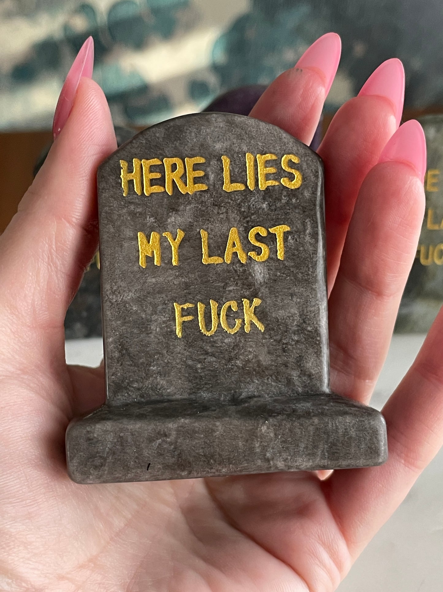 gravestone carving natural silver sheen obsidian crystal carving funny halloween crystal here lies my last fuck headstone carving crystal tombstone 2.7 inch natural halloween decor