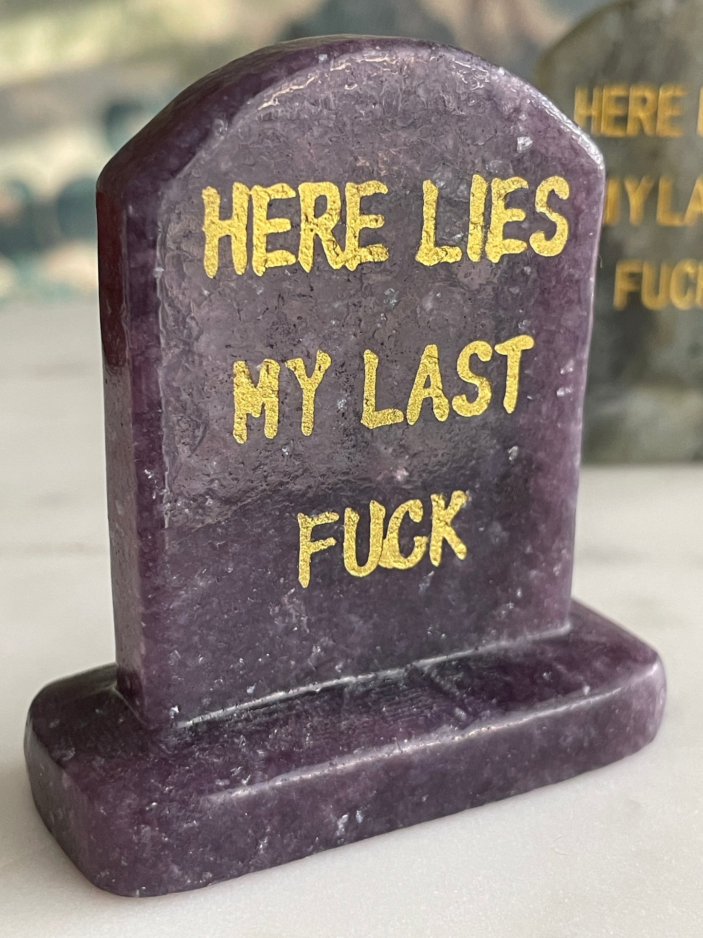 gravestone carving purple mica crystal carving funny halloween crystal here lies my last fuck headstone carving shimmery crystal tombstone 2.7 inch natural sparkly halloween decor