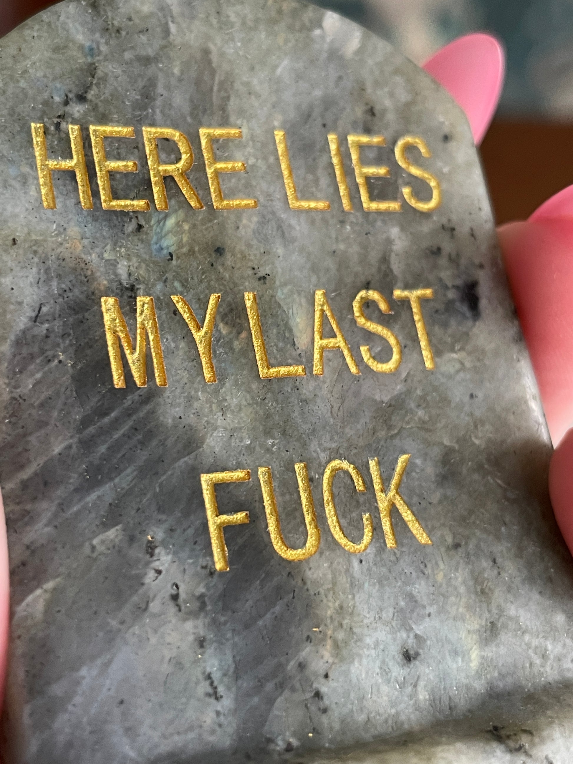 gravestone carving natural crystal carving funny halloween crystal here lies my last fuck headstone carving crystal tombstone 2.7 inch natural halloween decor