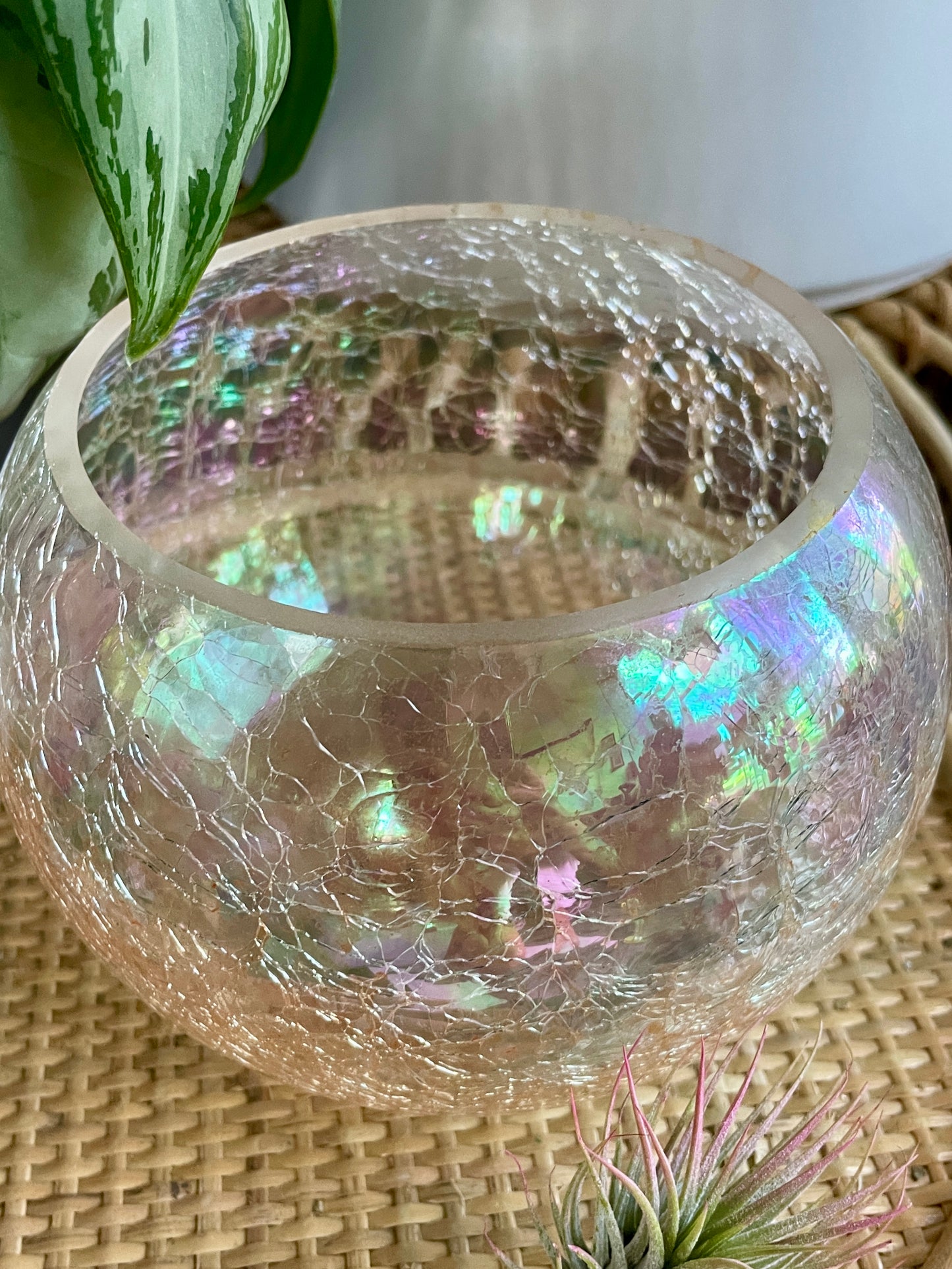 Pink Iridescent Crackle Glass Bubble Bowl