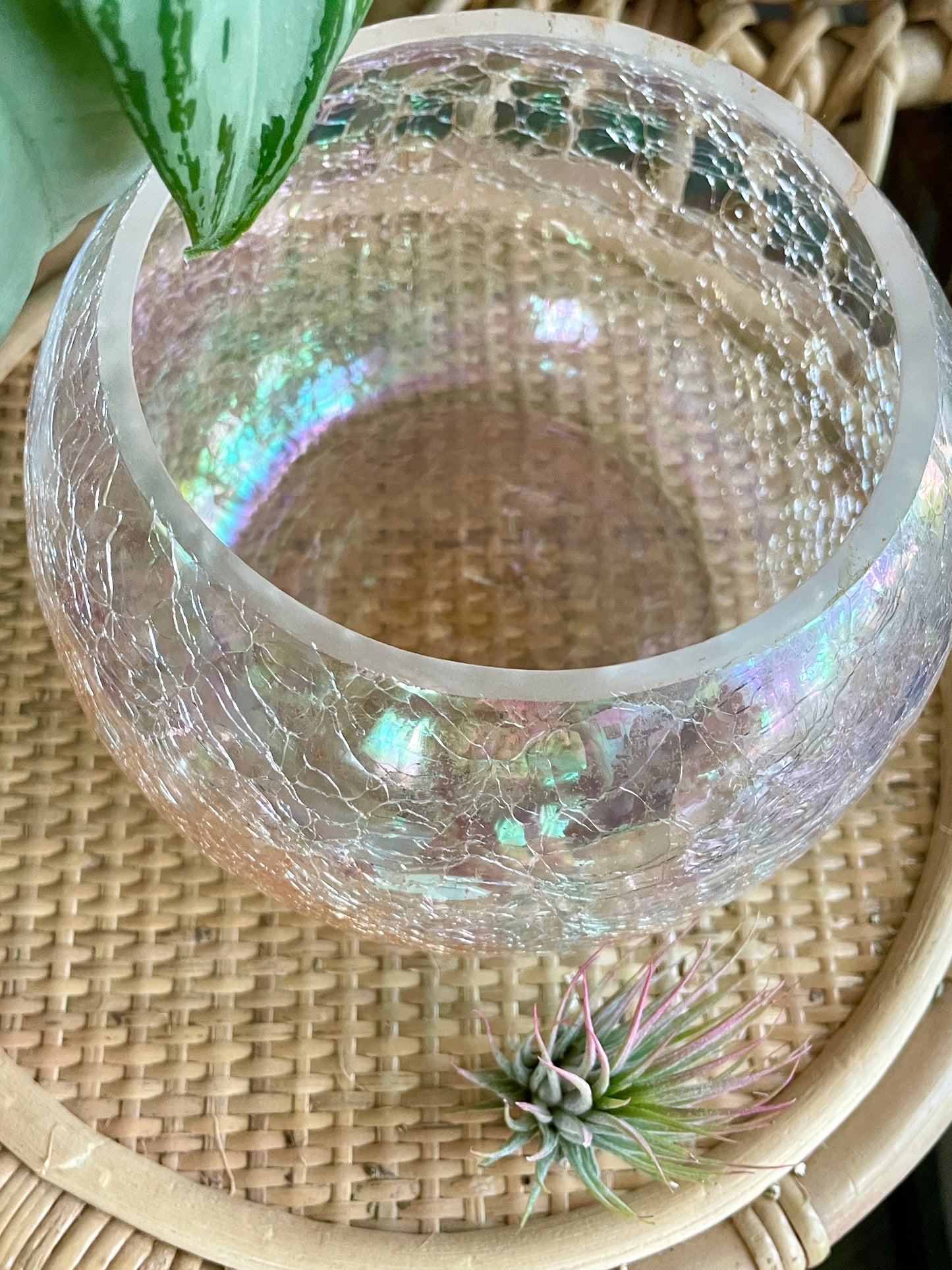 Pink Iridescent Crackle Glass Bubble Bowl
