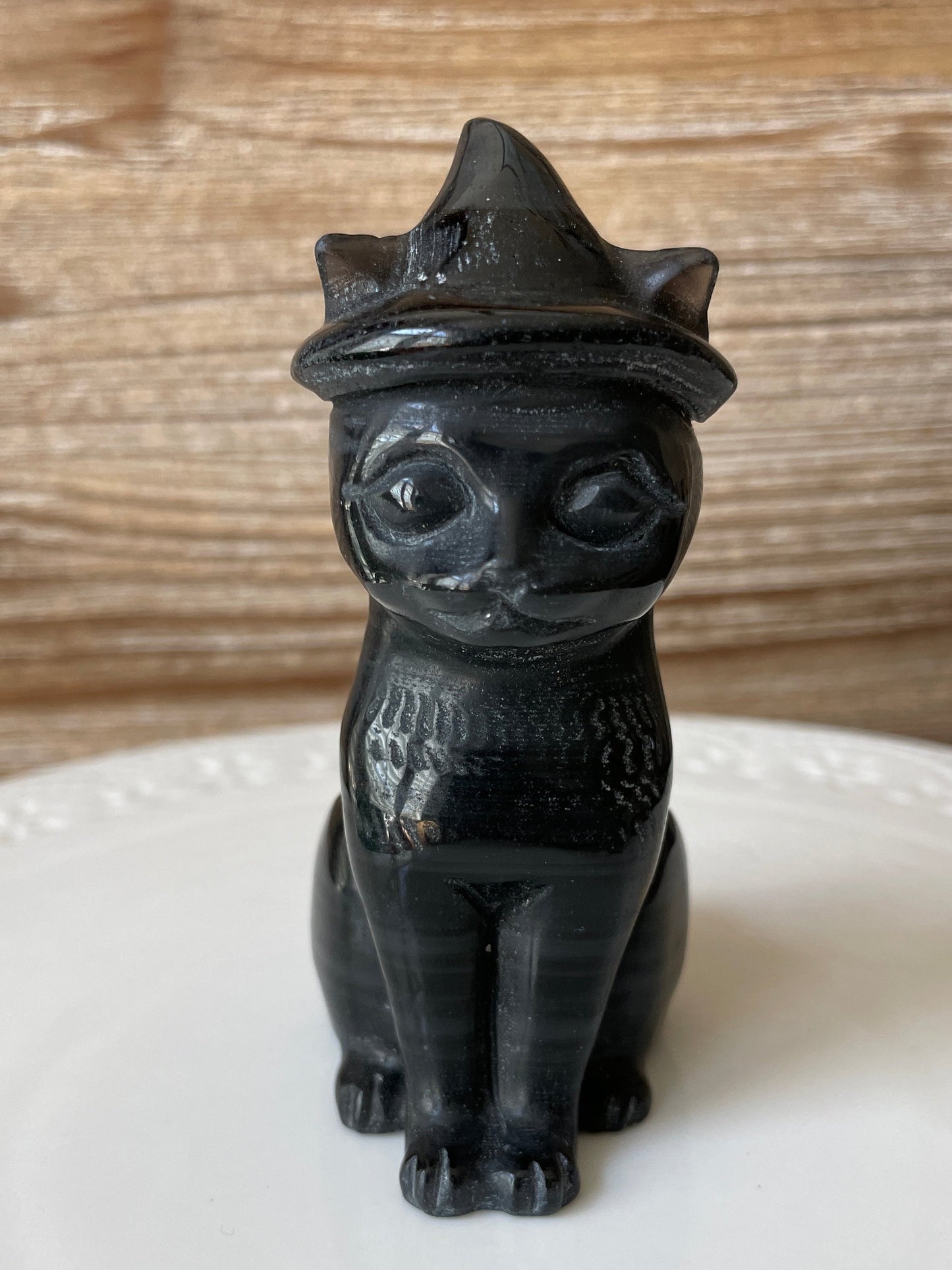 black obsidian cat black cat crystal gift for witch familiar cat wearing witch's hat figurine for altar piece