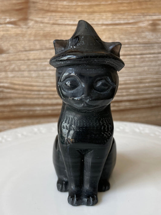 black obsidian cat black cat crystal gift for witch familiar cat wearing witch's hat figurine for altar piece