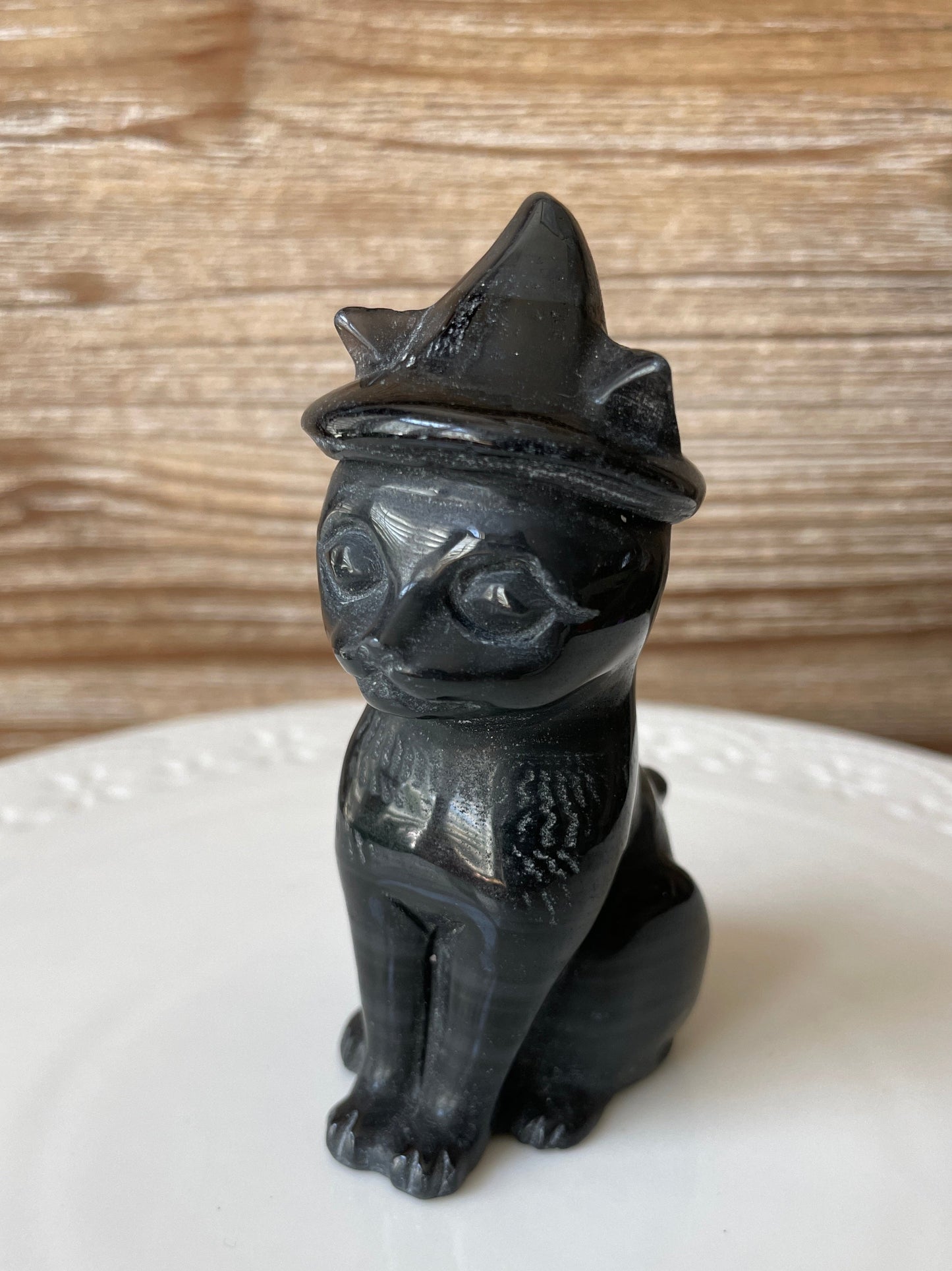 black obsidian cat black cat crystal gift for witch familiar cat wearing witch's hat figurine for altar piece