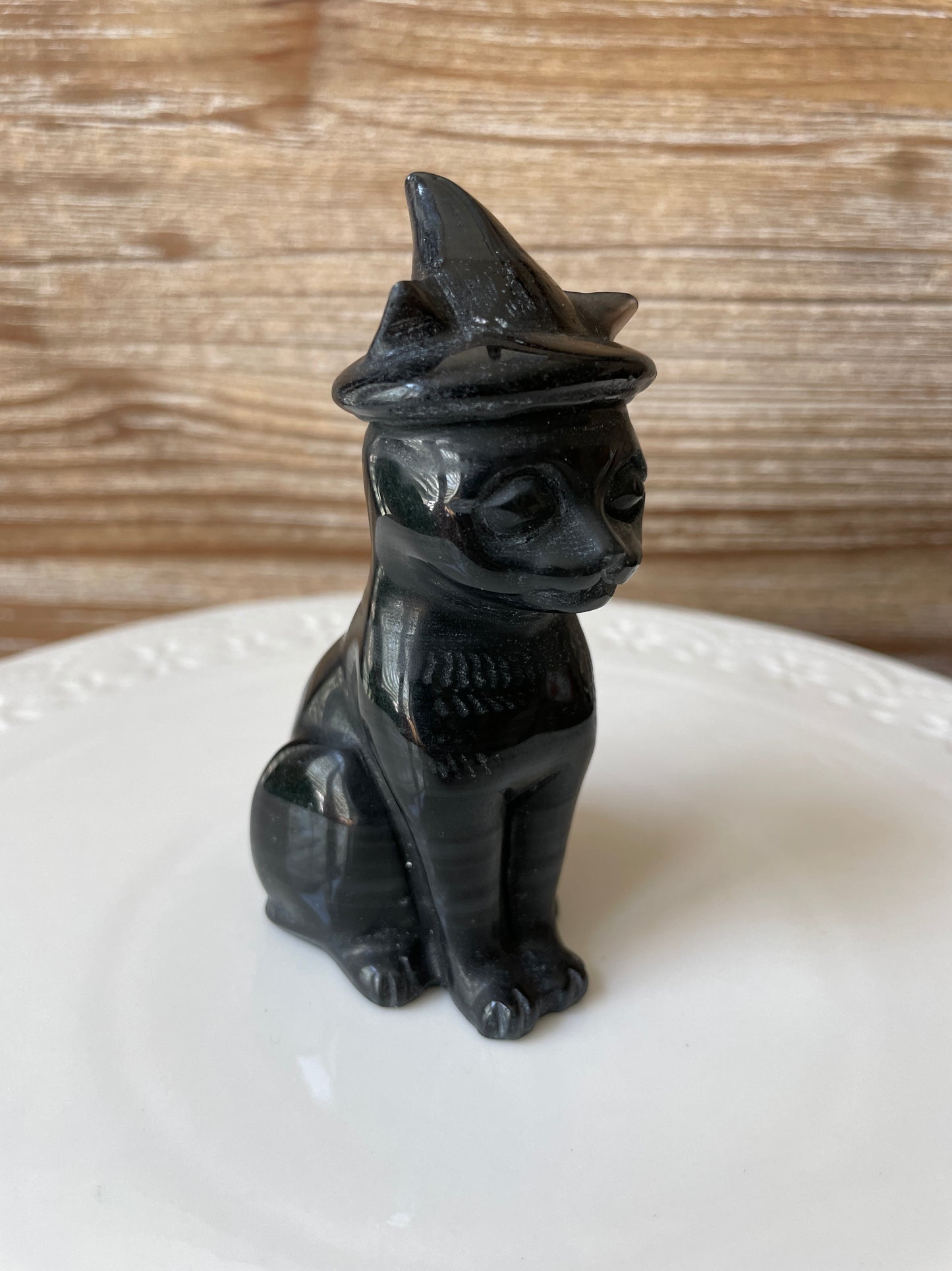 black obsidian cat black cat crystal gift for witch familiar cat wearing witch's hat figurine for altar piece
