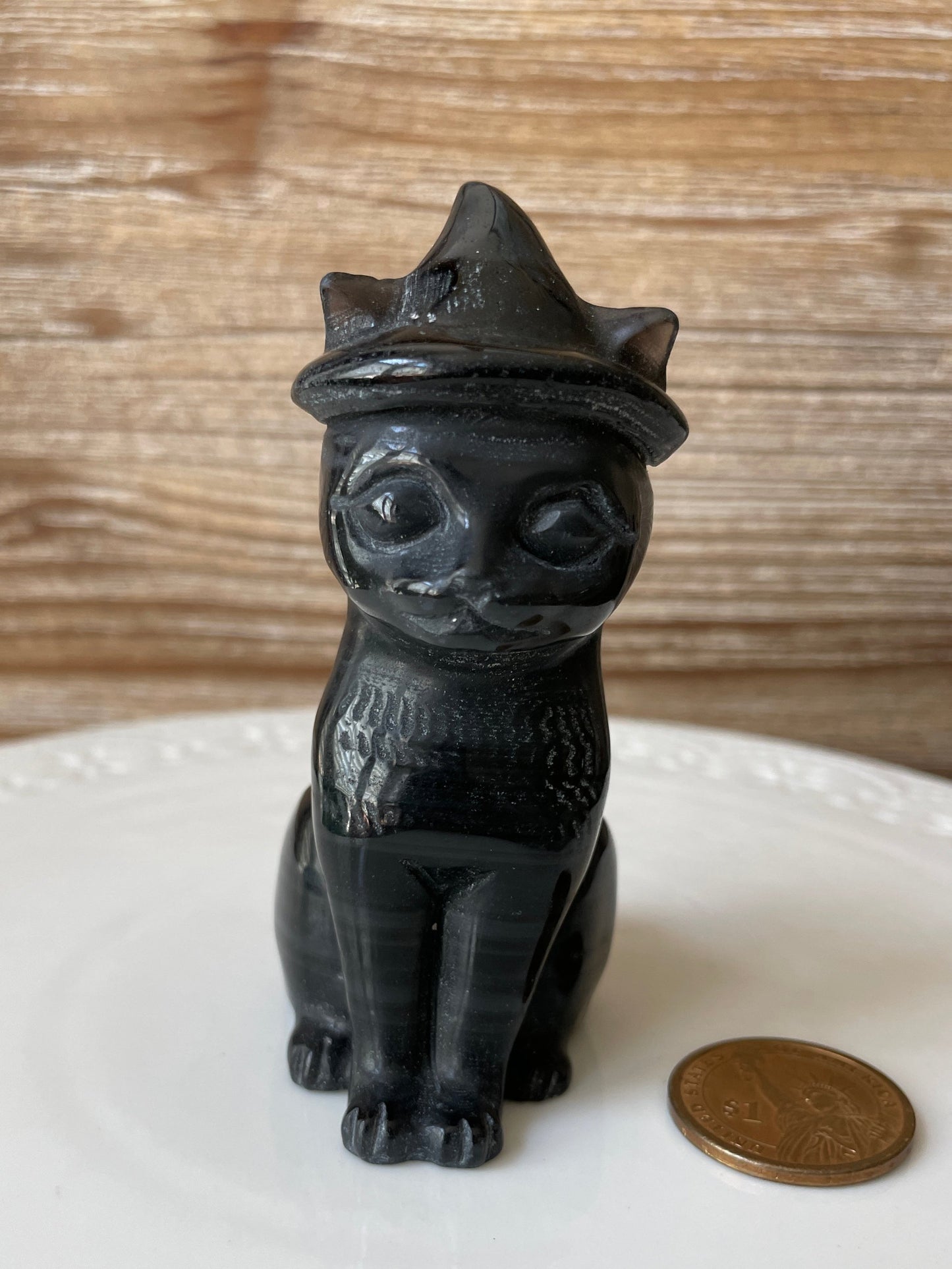 black obsidian cat black cat crystal gift for witch familiar cat wearing witch's hat figurine for altar piece