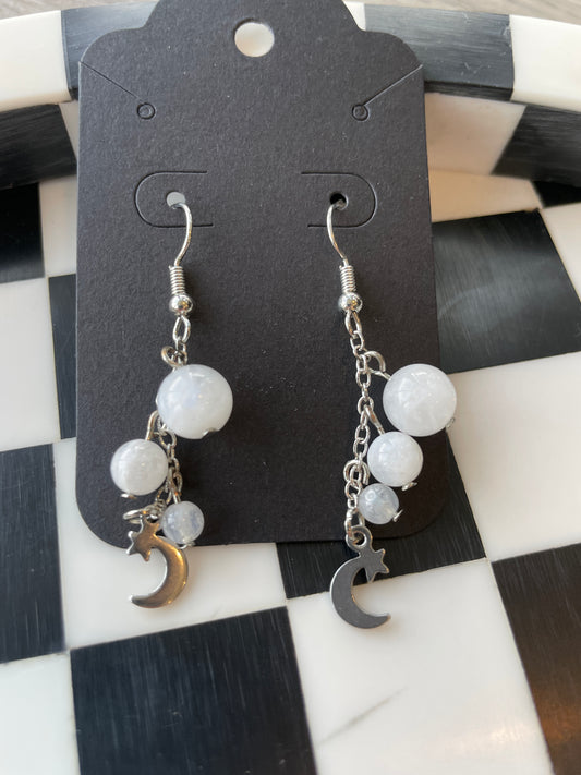 silver moon stars moonstone beads beaded dangle earrings crystal jewelry gift for wife gift for friend gift for girlfriend birthday anniversary white moonstone