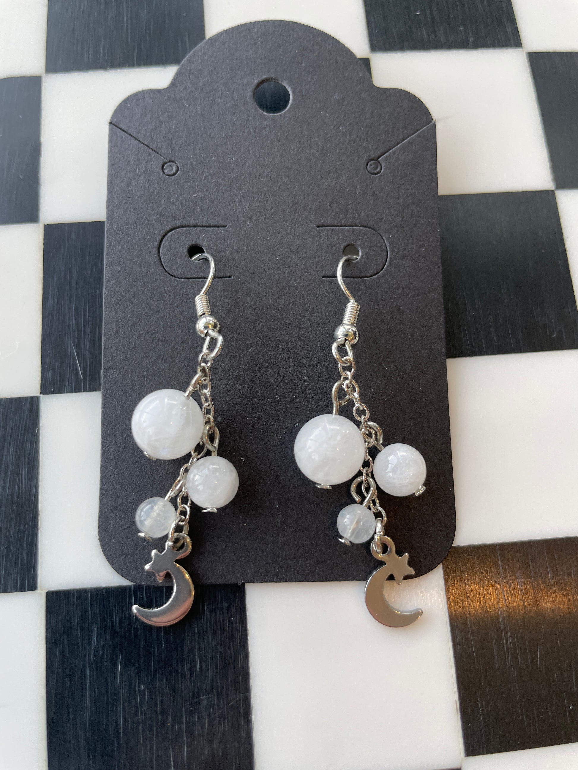 silver moon stars moonstone beads beaded dangle earrings crystal jewelry gift for wife gift for friend gift for girlfriend birthday anniversary white moonstone