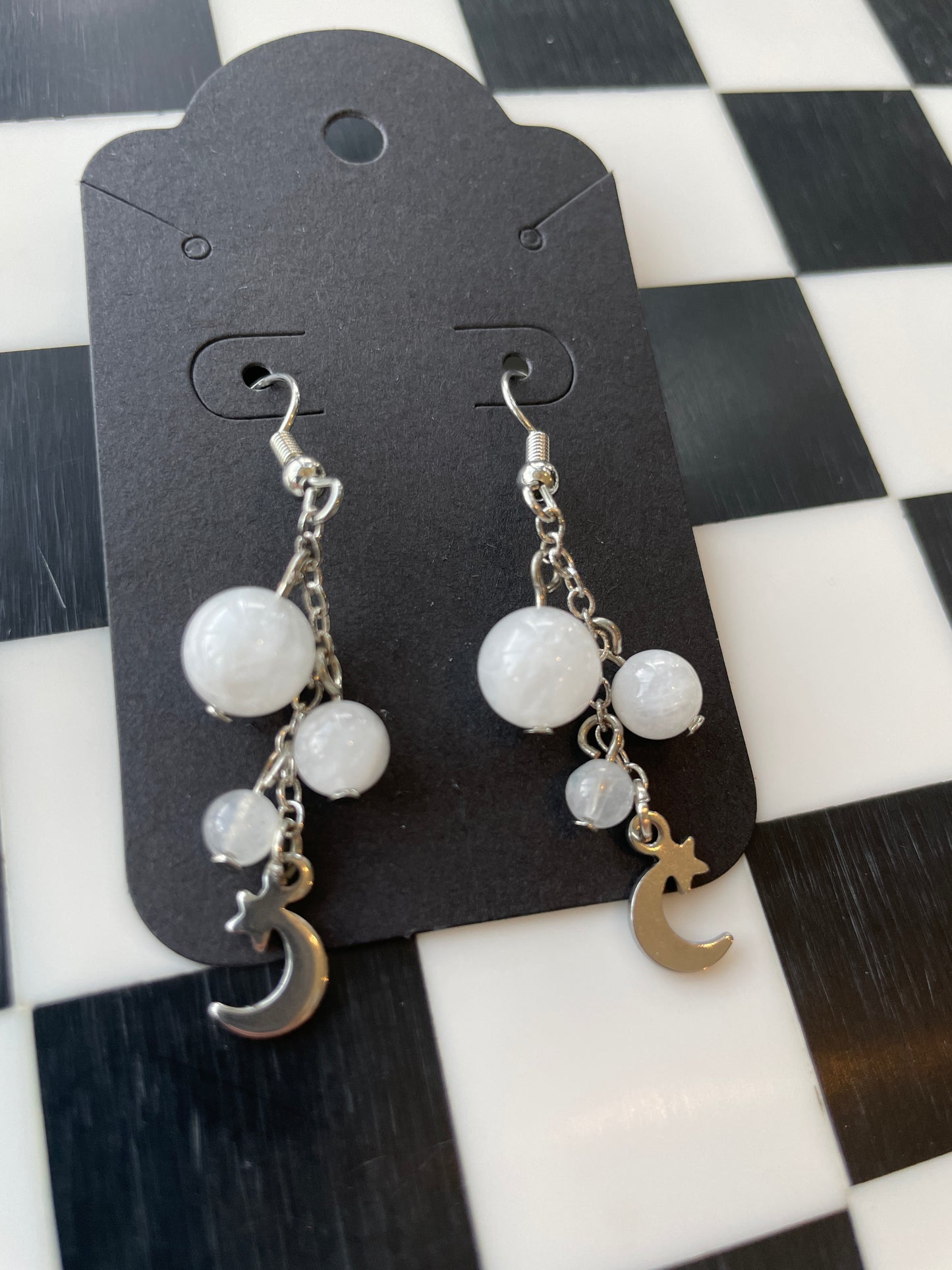 silver moon stars moonstone beads beaded dangle earrings crystal jewelry gift for wife gift for friend gift for girlfriend birthday anniversary white moonstone