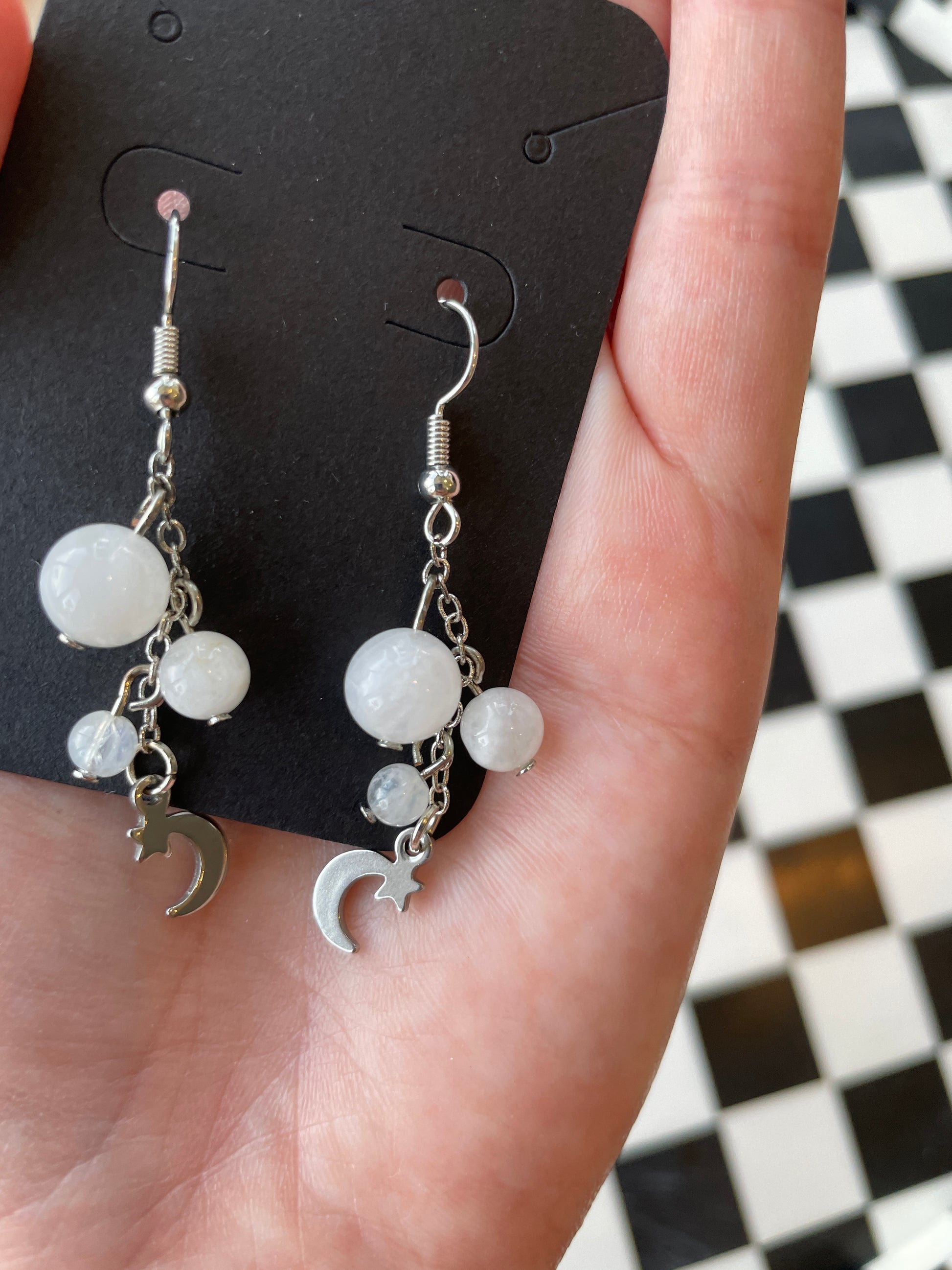 silver moon stars moonstone beads beaded dangle earrings crystal jewelry gift for wife gift for friend gift for girlfriend birthday anniversary white moonstone