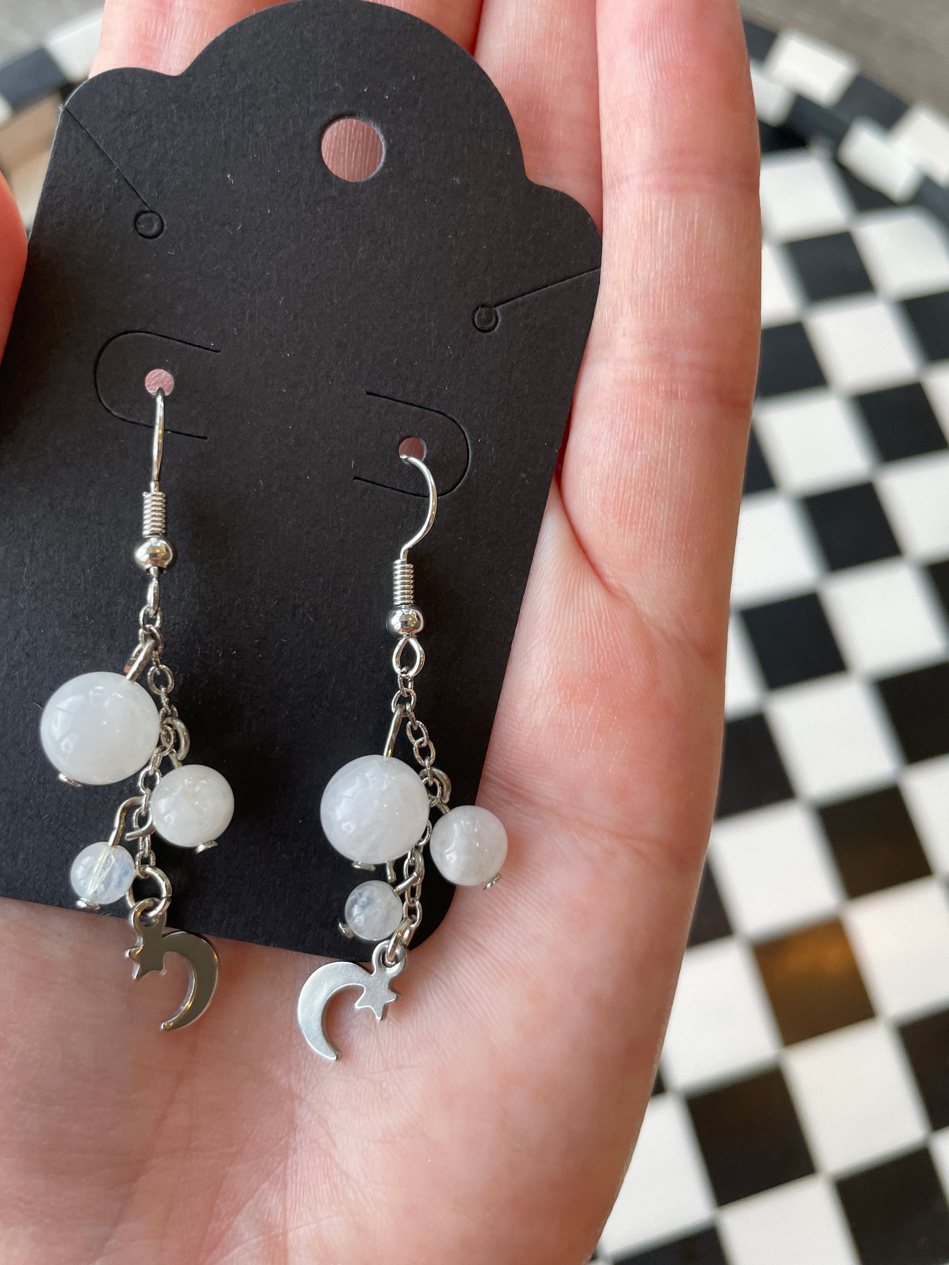 silver moon stars moonstone beads beaded dangle earrings crystal jewelry gift for wife gift for friend gift for girlfriend birthday anniversary white moonstone
