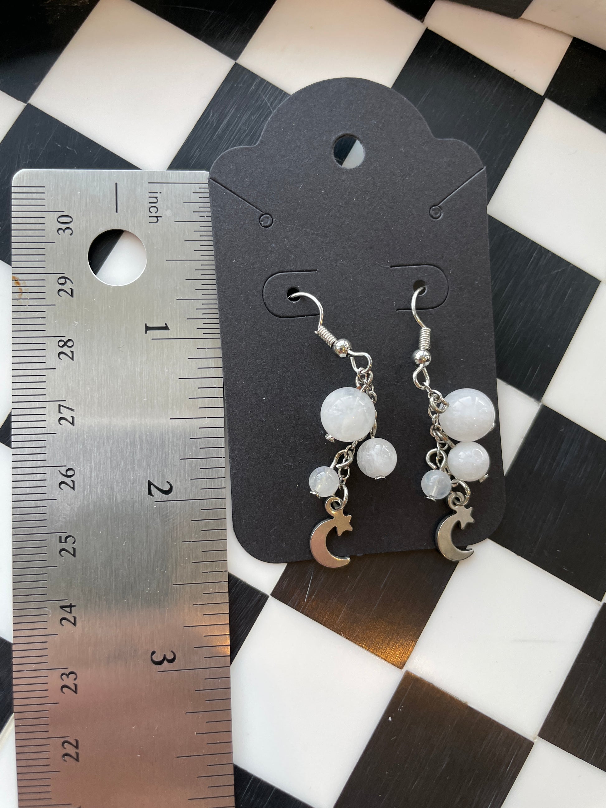 silver moon stars moonstone beads beaded dangle earrings crystal jewelry gift for wife gift for friend gift for girlfriend birthday anniversary white moonstone