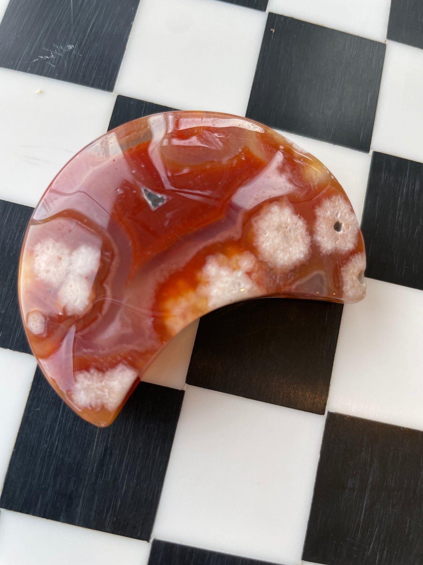 Red Carnelian and Flower Agate Druzy Moon Crystal Carving Altar Figurine Gem Stone Gift Magic Gemstone Druzy Agate Moon Figurine