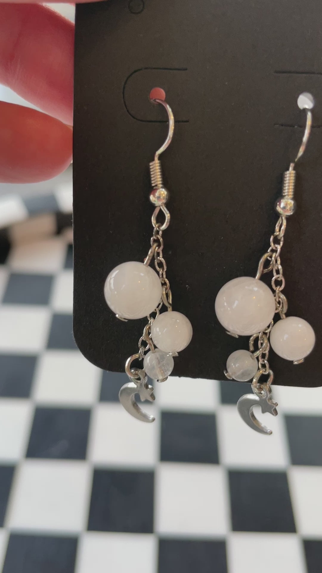 silver moon stars moonstone beads beaded dangle earrings crystal jewelry gift for wife gift for friend gift for girlfriend birthday anniversary white moonstone