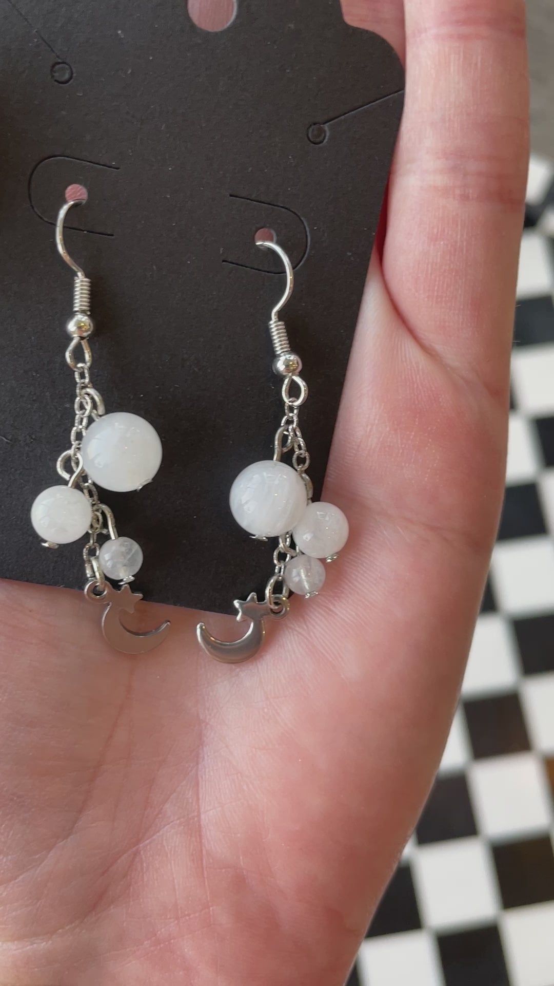 silver moon stars moonstone beads beaded dangle earrings crystal jewelry gift for wife gift for friend gift for girlfriend birthday anniversary white moonstone