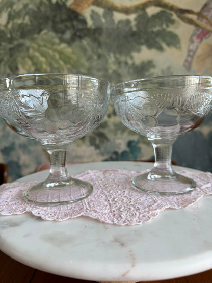 Set of 2 Vintage Pottery Barn “Orchard” Pressed Glass Fruit Footed Dessert Bowls | Arcoroc France