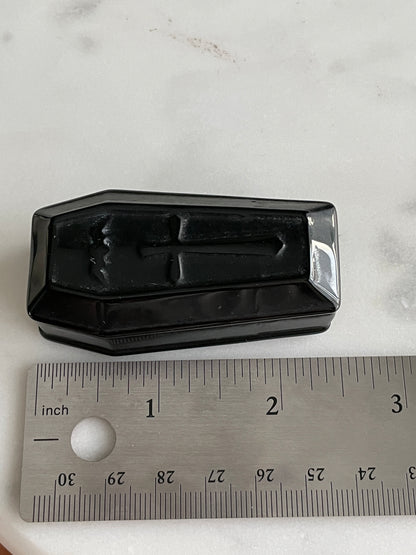 2.5 inch crystal coffin carving polished black obsidian crystal display natural halloween decor spooky season bat gift for witch altar piece dia de los muertos ofrenda black coffin crystal carving day of the dead decor vampire coffin figurine sarcophagus 