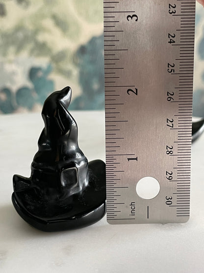 Black obsidian witch hat crystal carving black witches hat polished natural Halloween decor spooky gift wizard carving 2 inch obsidian crystal display