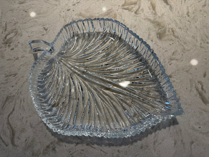 Vintage Crystal Leaf Serving Platter | 11-Inch Elegant Pressed Glass Serving Tray | Mid-Century Tableware