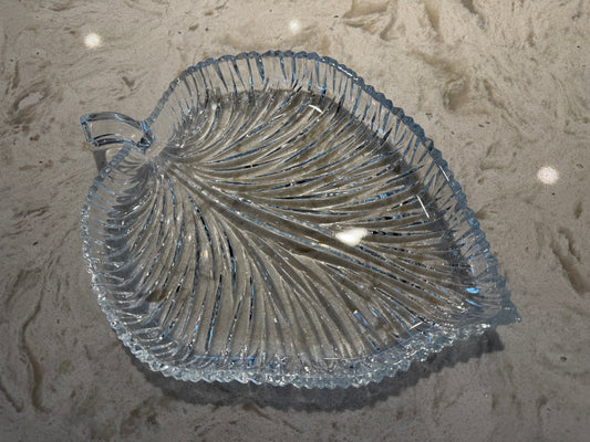 Vintage Crystal Leaf Serving Platter | 11-Inch Elegant Pressed Glass Serving Tray | Mid-Century Tableware