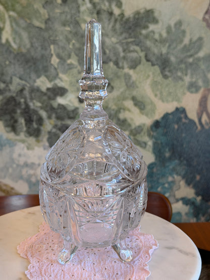 Vintage Anna Hütte Bleikristall 24% Lead Crystal Footed 10.5” Oval Candy Dish with Steeple Lid