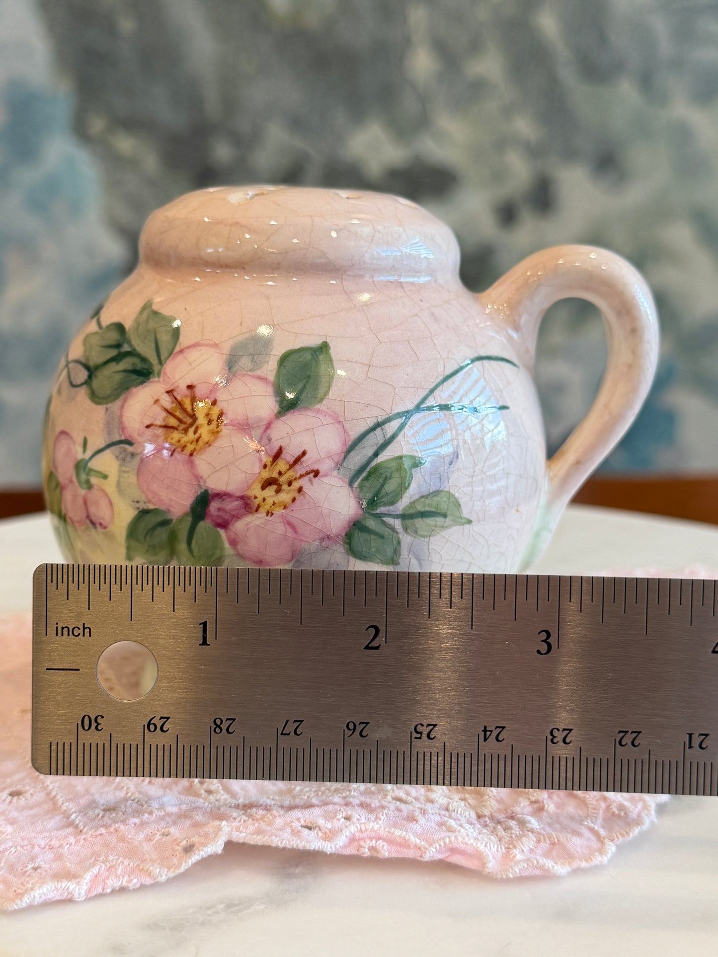 Antique Hand-Painted Porcelain Floral Shaker with Cork Stopper