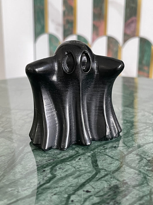 Black obsidian ghost carving crystal halloween decor spooky season gift for witch 2 inch altar piece dia de los muertos ofrenda ghost figurine black polished crystal carving