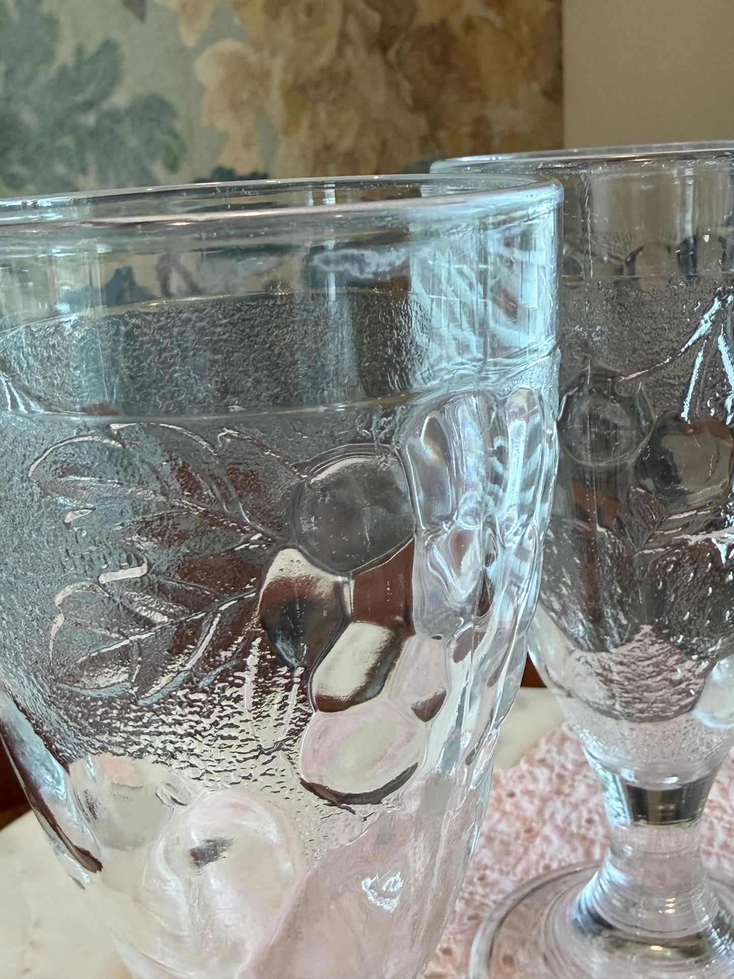 Set of 2 Vintage Pottery Barn “Orchard” Pressed Glass Fruit Footed 8 oz Goblets | Arcoroc France