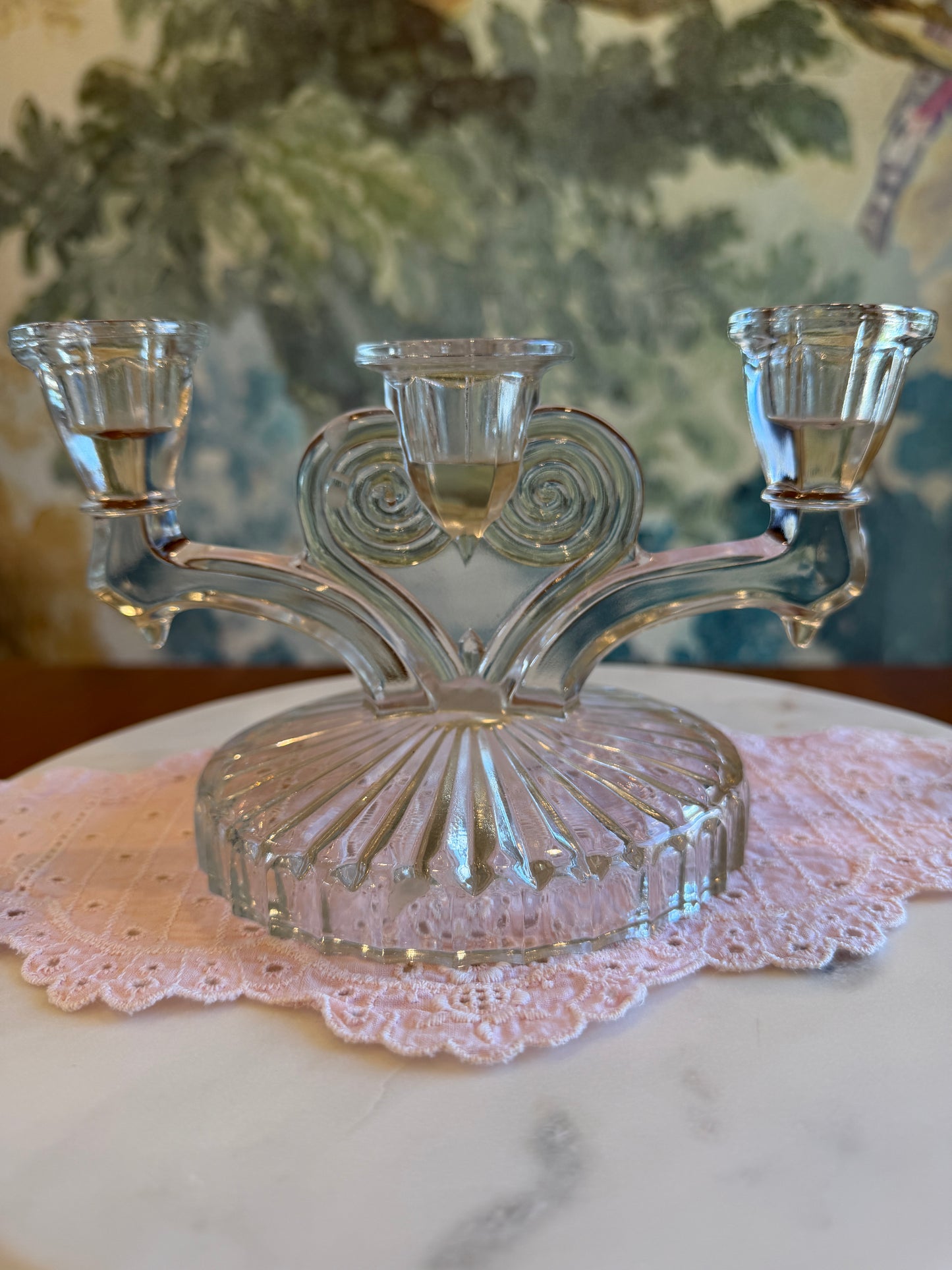 Jeanette Glass Cosmos Clear Glass Art Deco Triple Candlestick Holder