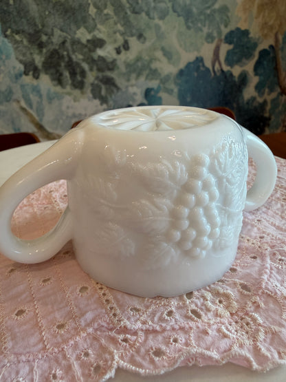 Vintage Milk Glass Grape and Vine Open Sugar Bowl with Scalloped Rim