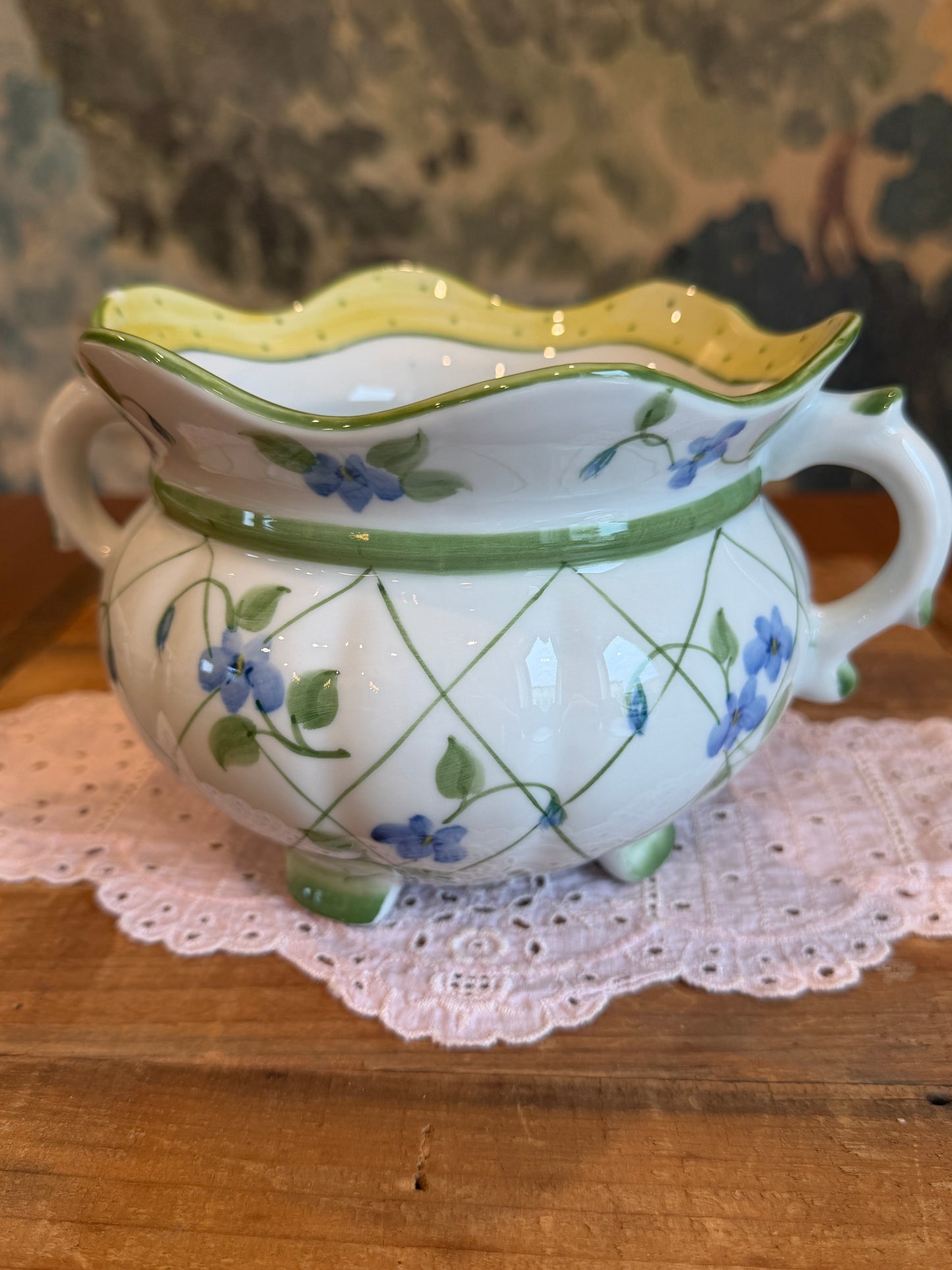 Andrea by Sadek “Polka Dot and Trellis Yellow” Footed Planter