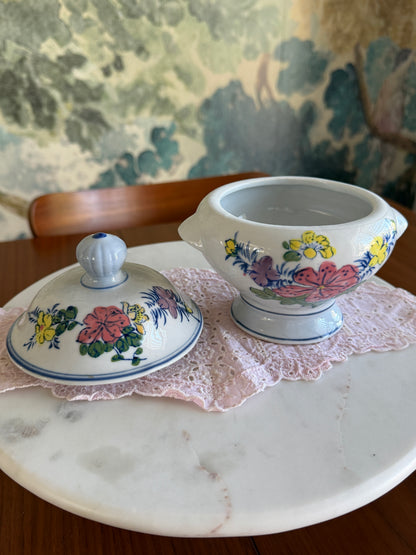 Vintage Hand Painted Porcelain Floral Footed Sugar Bowl with Lid