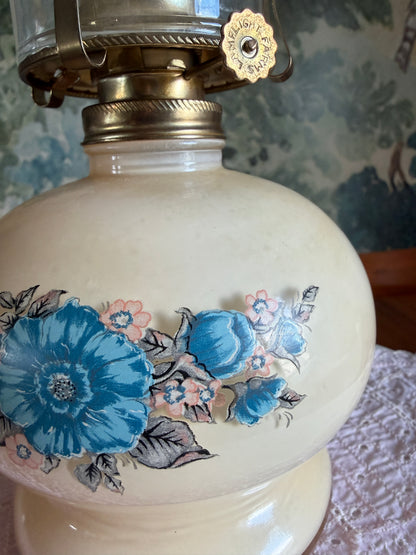 Vintage Lamplight Farms Victoria Rose Oil Lamp | Ivory Glass with Blue Floral Design | Made in USA