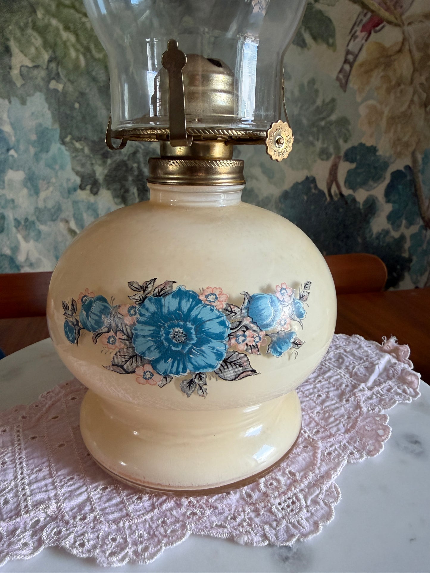 Vintage Lamplight Farms Victoria Rose Oil Lamp | Ivory Glass with Blue Floral Design | Made in USA